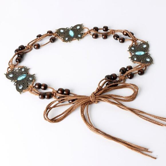 Boho Butterfly Rhinestone Blue Turquoise And Brown Beaded Woven Soft Tie Belt - Picture 11 of 12
